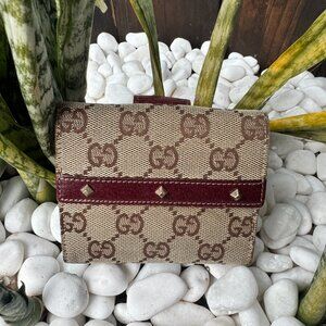 Gucci GG Canvas & Leather Wallet – Red Trim with Stud Detail